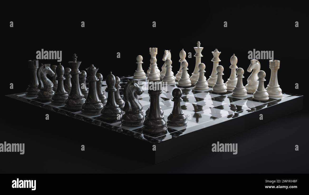 Schachfiguren auf einem Schachbrett auf schwarzem Hintergrund. 3D-Abbildung Stockfoto