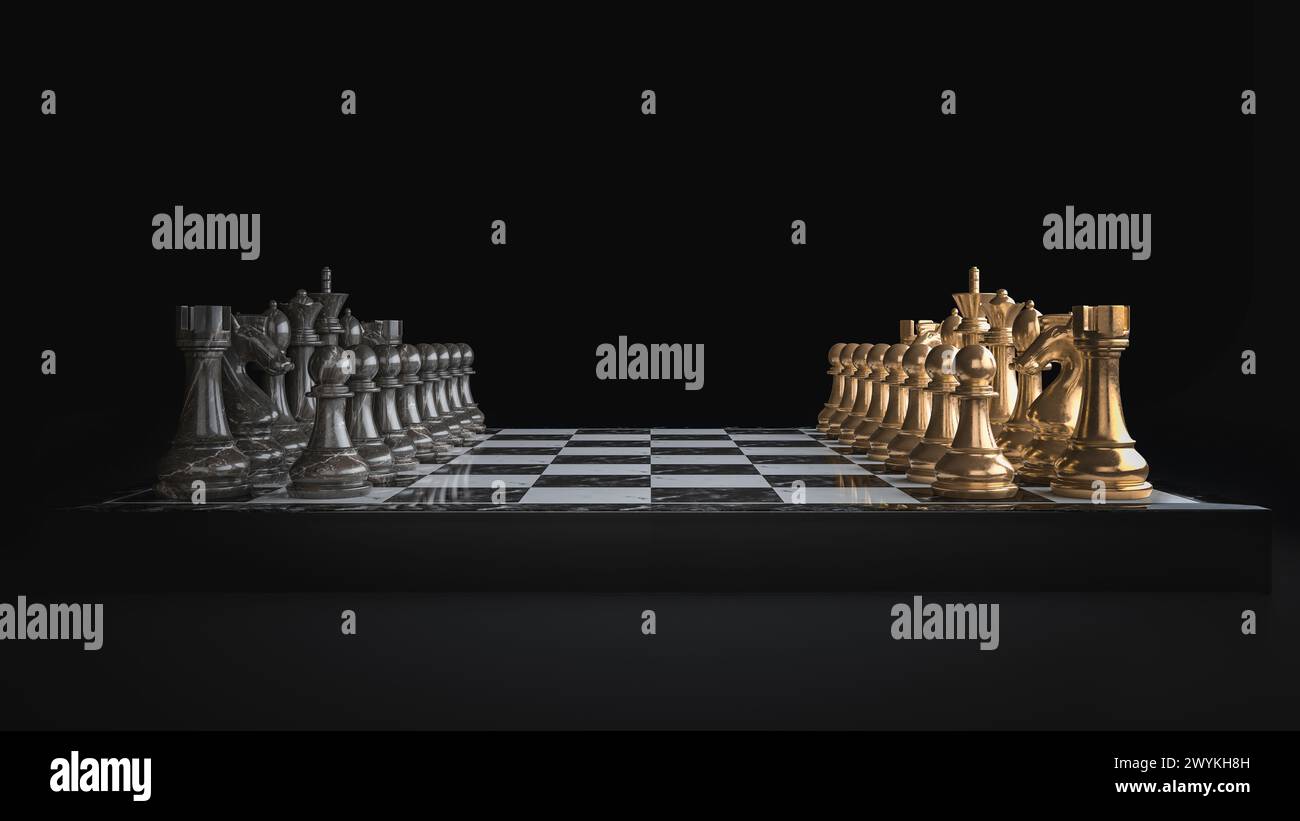 Schachfiguren auf einem Schachbrett. 3D-Rendering. Schwarzer Hintergrund. Stockfoto