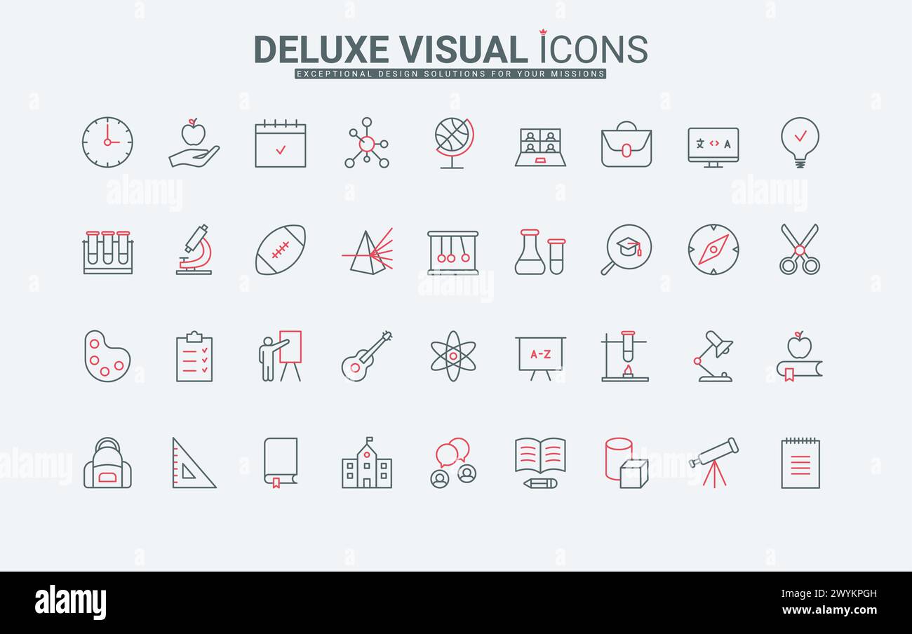 Bildung in Schule, Hochschule und Universität, Linien-Symbole gesetzt. Kenntnisse in Physik und Chemie, Online-Sprachenlernen, Test für Schüler dünne schwarze und rote Umrisssymbole, Vektorillustration Stock Vektor