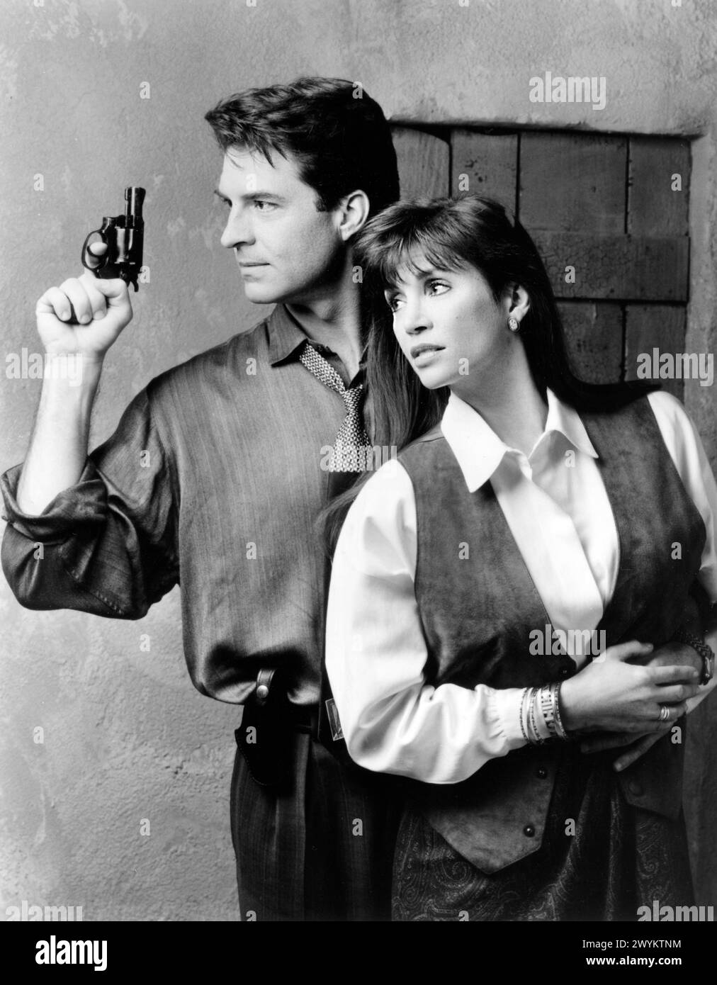 Ted Wass, Victoria Principal, am Set des Fernsehfilms Sparks: The Price of Passion, CBS-TV, 1990 Stockfoto