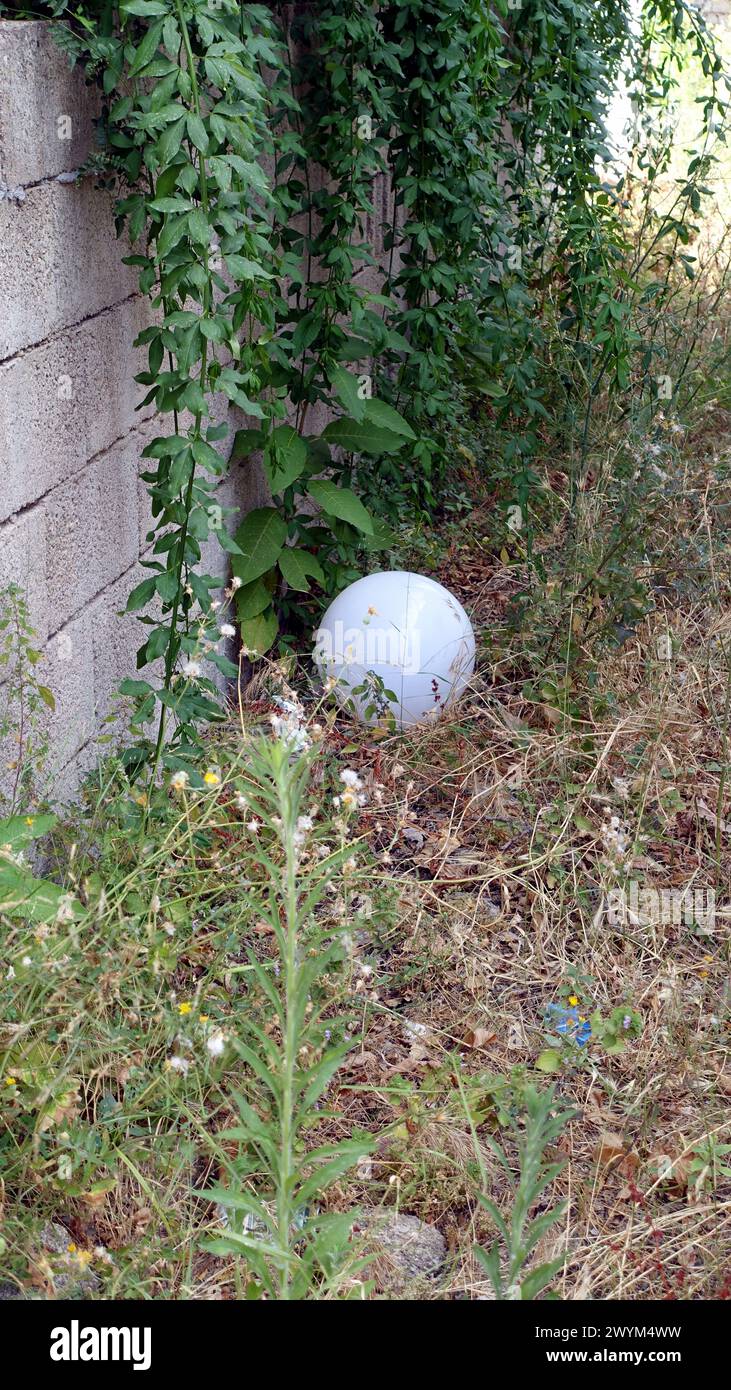 Eine weiße Kristallkugel, die an einem heißen Sommertag auf dem Gras neben einer Mauer liegt. Stockfoto