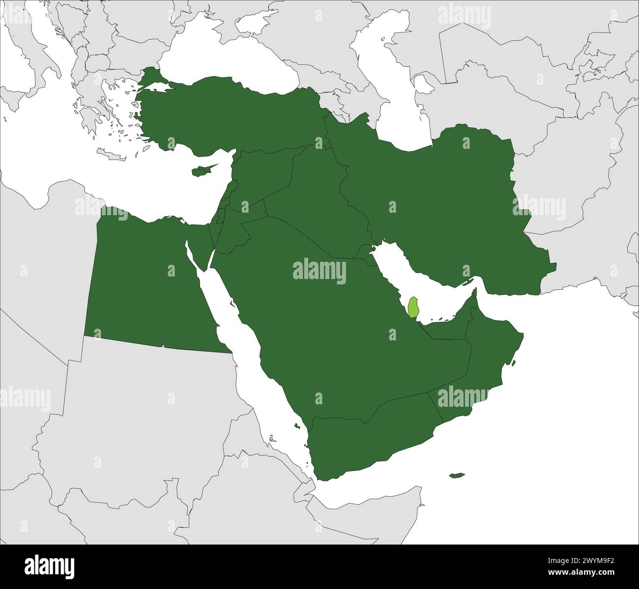 Hellgrüne Karte von KATAR in der dunkelgrünen Karte des Nahen Ostens Stock Vektor