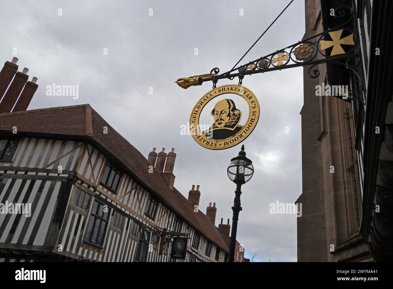 Schild, William Shakespeares Schulzimmer und guildhall, Stratford upon Avon, England, Großbritannien Stockfoto