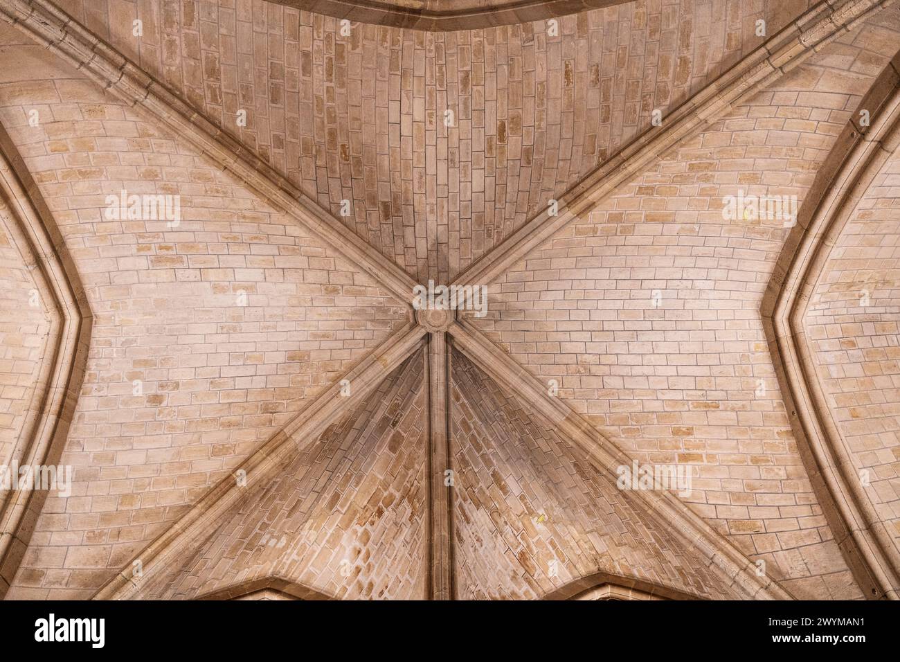 Gewölbte Decke, gestützt von massiven Säulen im Saal der Männer-at-Arms, Conciergerie, ehemaliges Gericht und Gefängnis im Stadtzentrum von Paris, Frankreich Stockfoto