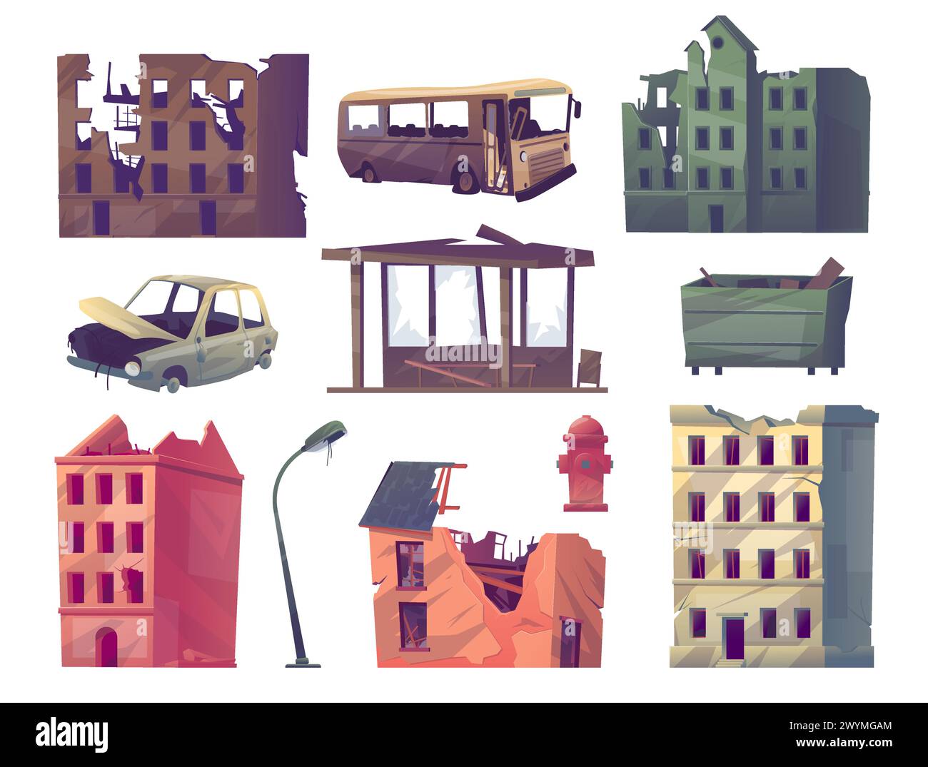 Beschädigte Objekte in der Stadt. Städtische postapokalyptische Landschaftselemente. Verlassene Gebäude mit Rissen. Warzone Häuser. Erdbebenzerstörung Stock Vektor