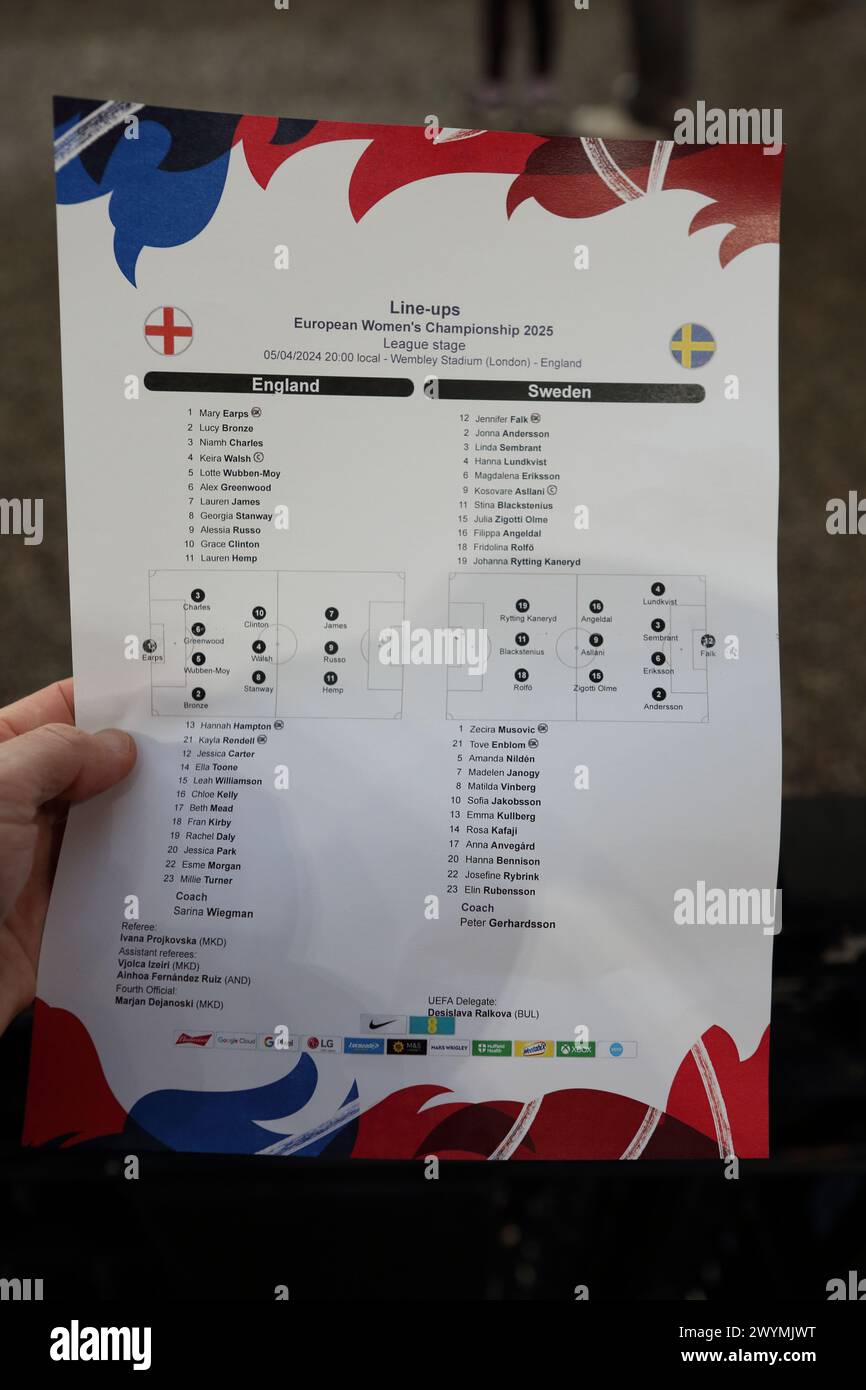 Teamsheet England gegen Schweden UEFA Women's Euro Football Qualifikation Wembley Stadium, London, 5. April 2024 Stockfoto