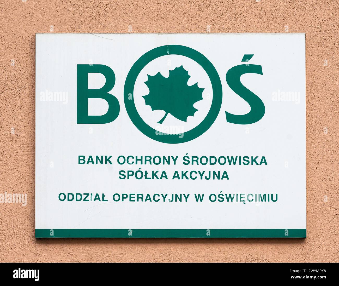 Auschwitz, Polen, 21. März 2024 - Unterschrift und Logo der Bank Ochrony Srodowiska Stockfoto