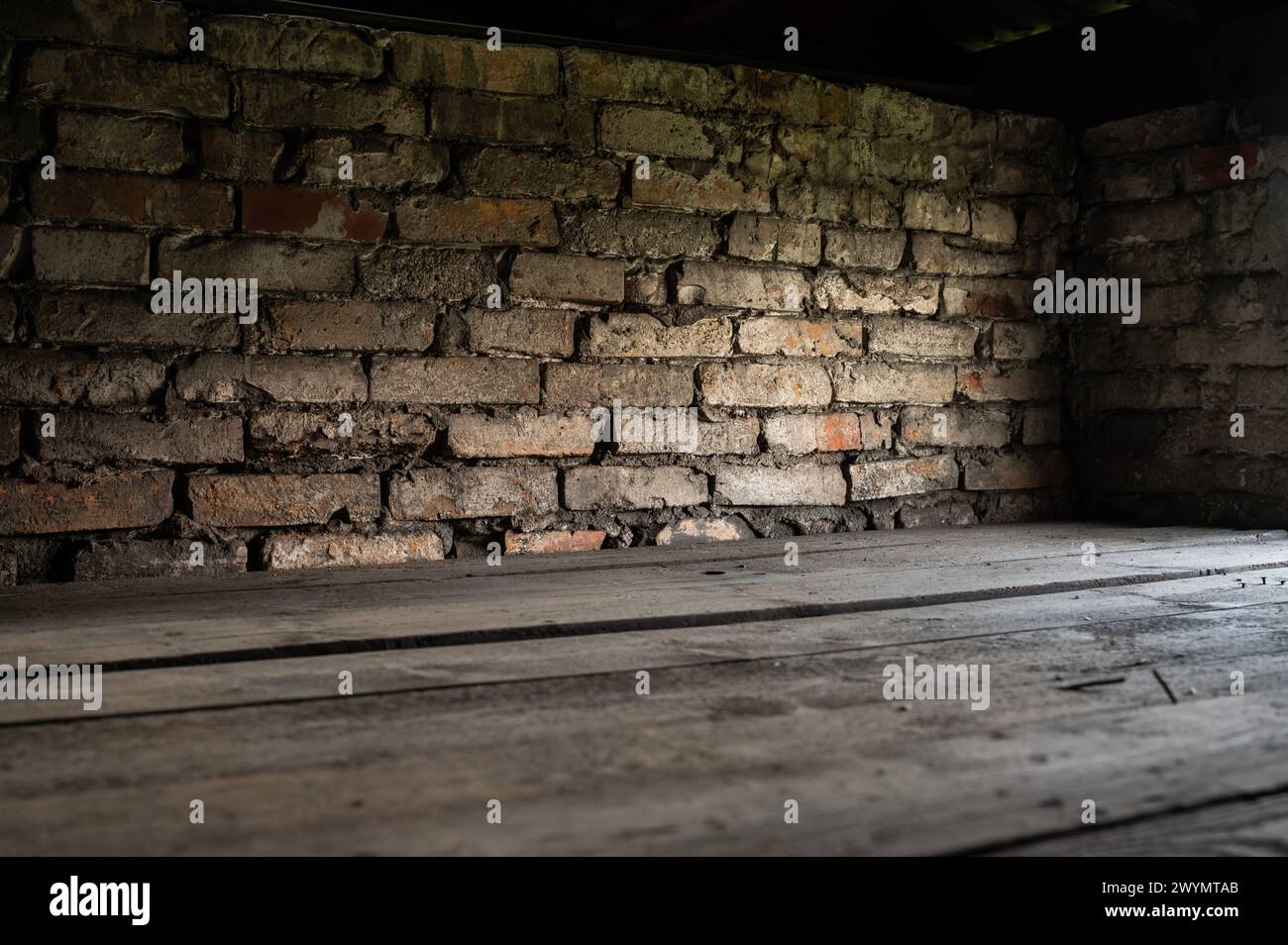 Auschwitz, Polen, 21. März 2024 - Detail der Schlafkaserne mit Holzbett Stockfoto