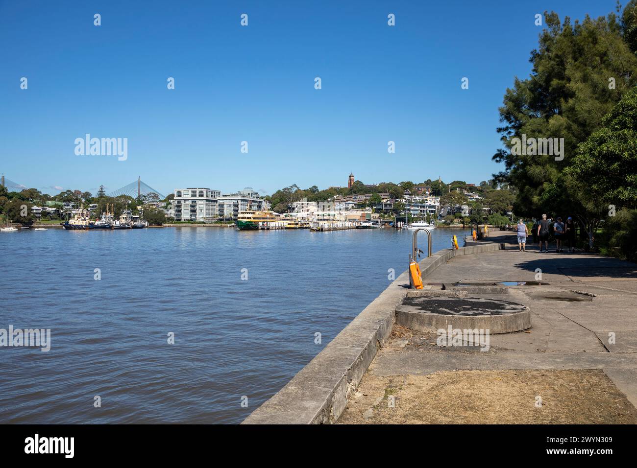 Ballastpoint Park auf der Halbinsel Balmain im Hafen von Sydney mit Blick in Richtung Balmain Werft und Mort Bay Park, Sydney, NSW, Australien Stockfoto