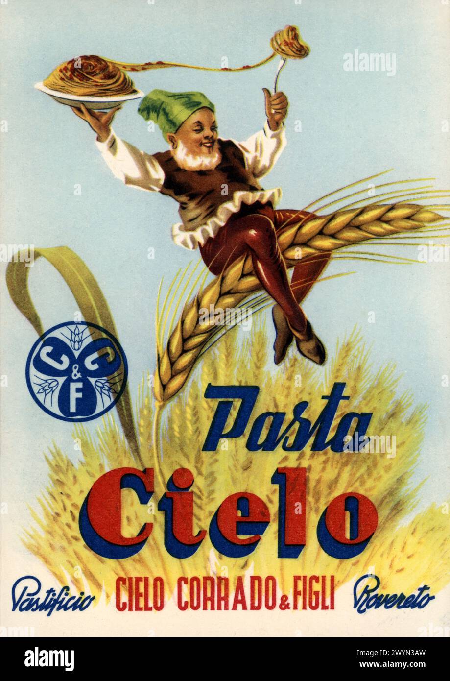 1955 c., Rovereto , Trient , TRENTINO , ITALIEN : italienisches Werbeplakat für die PASTA CIELO Werbung. Der Pastificio Corrado Cielo & Figli war eine berühmte Nudelfabrik in Rovereto (Trient). Kunstwerk eines unbekannten Illustrators. - PASTIFICIO - SPAGHETTI - SPIGA DI GRANO - EAR OF CORN - FOLLETTO - ELF - IMP - ELFIN - PIXIE - GNOMO - GNOME - GOBLIN - GREMLIN - PIXY - BOGY - SPRITE - PUBBLICITÀ - ILLUSTRATION - ILLUSTRAZIONE - ANNI CINQUANTA - 50'S - '50 - pubblicità - annuncio pubblicitario - Reclame - Werbung - Poster - Industrie - industria alimentare - ALIMENTO - ALIMENTI Stockfoto