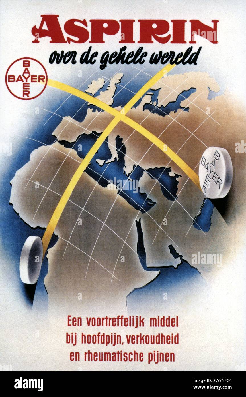 1941 , HOLLAND : niederländisches Plakat für das ASPIRIN ( ASPIRINA ) von BAYER . Die berühmteste Arzneimittelpille der Welt auf der Grundlage entzündungshemmender, schmerzstillender und pyretischer Acetylsalicylsäure ( ASA ) aus der Blüte der Pflanze Spiraea ulmaria , die in Deutschland vom Labor und der pharmazeutischen Fabrik von BAYER erfunden und hergestellt wurde ( patentiert am 6. März 1899 ), nach der Entdeckung des deutschen Chemikers Felix Hoffmann auf Empfehlung von Arthur Eichengrün, beschäftigt bei Friedrich Bayer & Co ( heute Leverkusen , damals Barmen bei Wuppertal ). Auch dieses Medikament Stockfoto