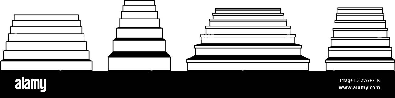 Umreißen Sie den linearen Treppenaufsatz. Verschiedene 3D-Treppen. Schwarz-weiße Treppenstufen Kollektion. Design-Element-Paket-Konzept für Erfolg, Wachstum, Promotion, Fortschritt. Vektorbündel Stock Vektor
