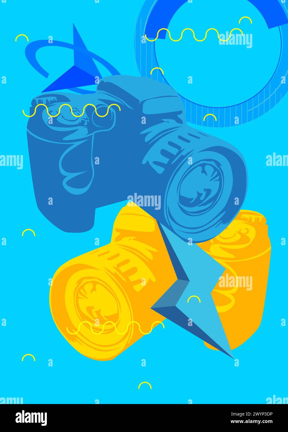 Blaue und gelbe Kamera, Fotoausrüstung mit geometrischem grafischem Hintergrund im Retro-Stil. Minimale geometrische Elemente. Abstrakte Vintage-Formen ve Stock Vektor