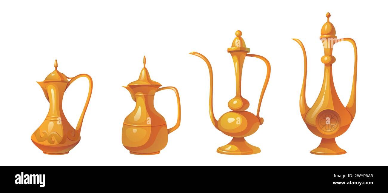 Arabische Tee- oder Kaffeekanne mit traditionellem Ornament. Zeichentrickvektor-Illustration Set des arabischen Metallkessels der verschiedenen Formen mit antikem Erbe Muster. Orientalischer goldener oder kupferner Krug. Stock Vektor