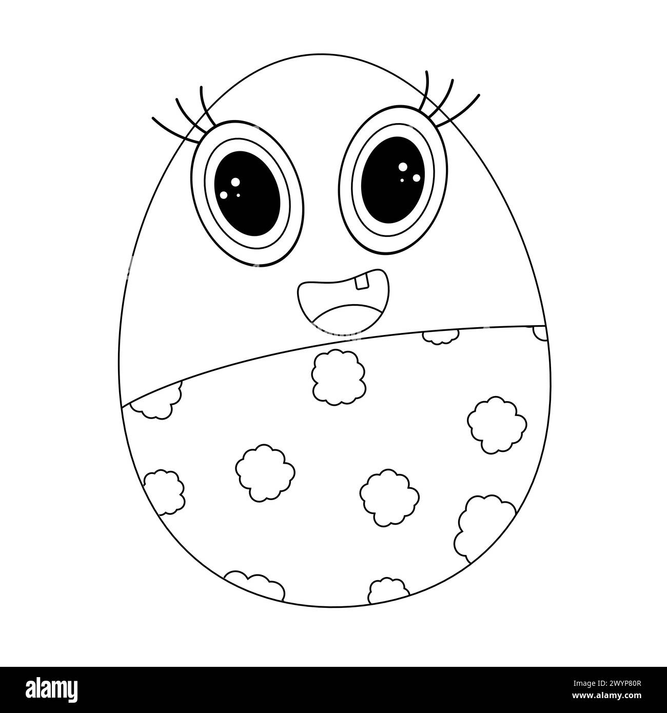 Malbücher für Kinder. Anthropomorphes lächelndes Ostereierkind in bedeckter Hose. Vektor-Schwarzweiß-Zeichnung Stock Vektor