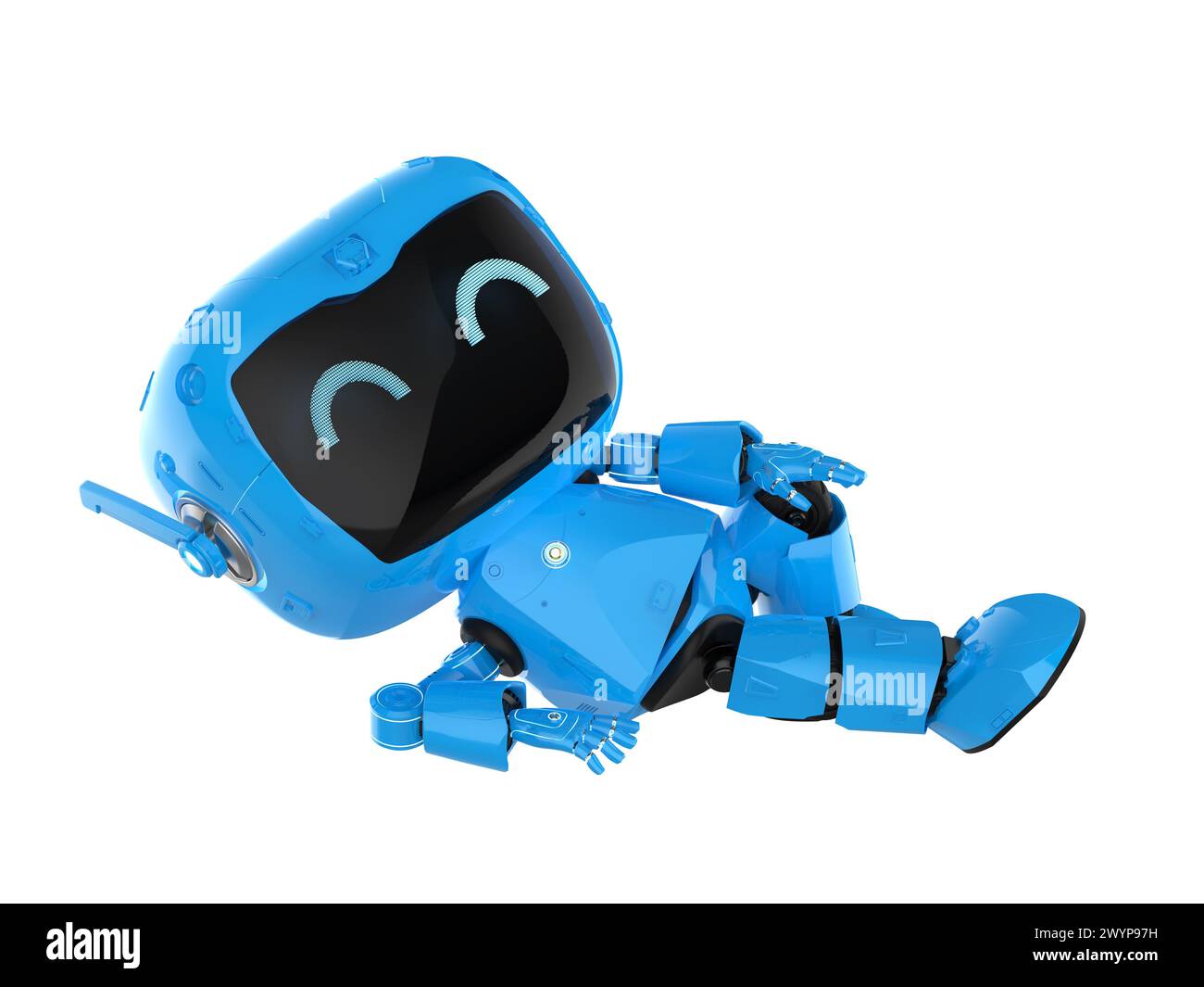 3D-Rendering süßer und kleiner künstlicher Intelligenz persönlicher Assistent Roboter mit Zeichentrickfigur Relax isoliert auf weiß Stockfoto