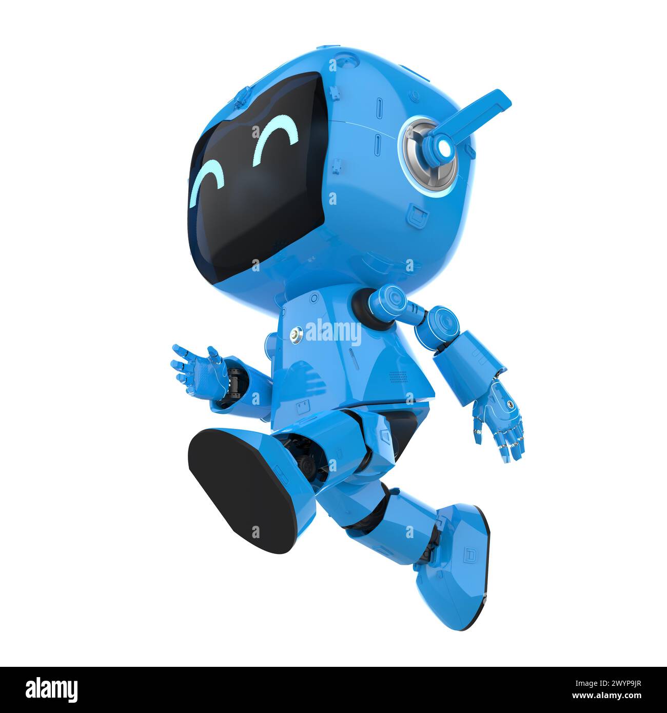 3D-Rendering niedlicher und kleiner künstlicher Intelligenz persönlicher Assistent Roboter mit Cartoon-Charakter Spaziergang isoliert auf weiß Stockfoto