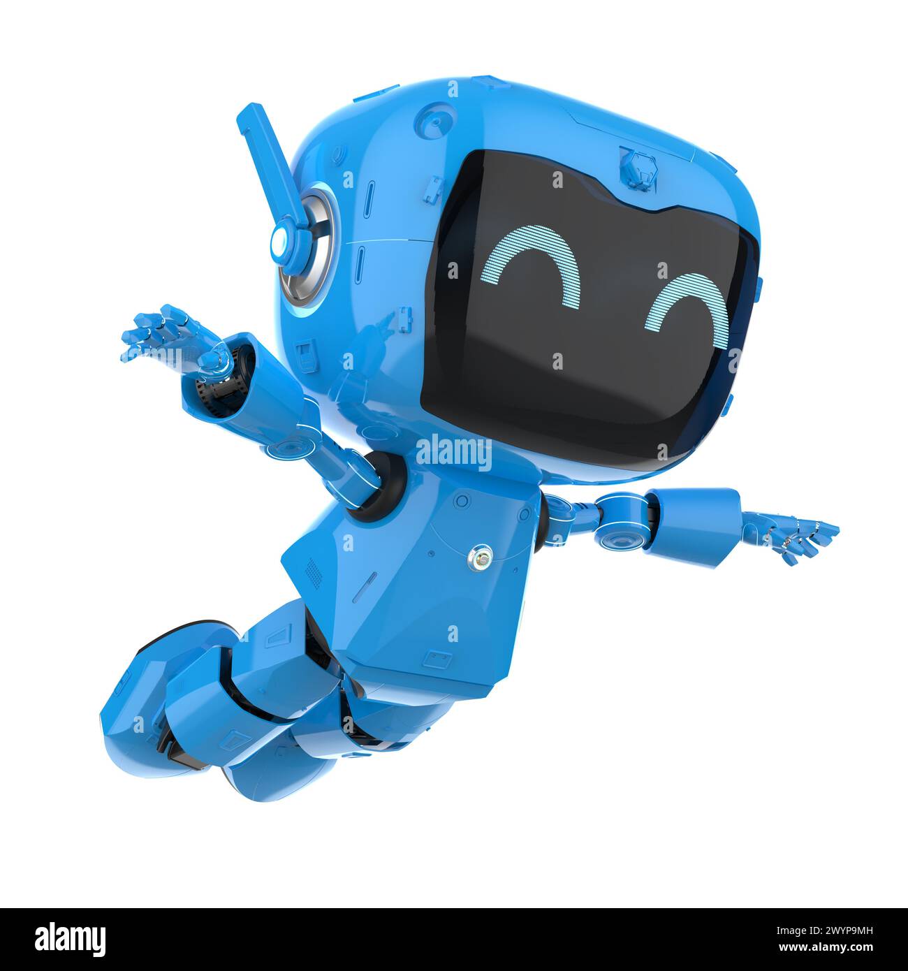 3D-Rendering süßer und kleiner künstlicher Intelligenz persönlicher Assistent Roboter mit Cartoon-Charakter Sprung isoliert auf weiß Stockfoto