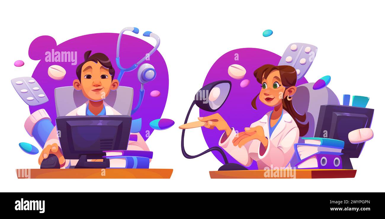 Arzt am Schreibtisch mit Computer. Zeichentrickvektor-Illustration Set des Mannes und der Frau medizinischer professioneller Charakter in weißer Kleidung, die am Tisch mit pc-Bildschirm und Dokumenten im Klinikbüro sitzt. Stock Vektor