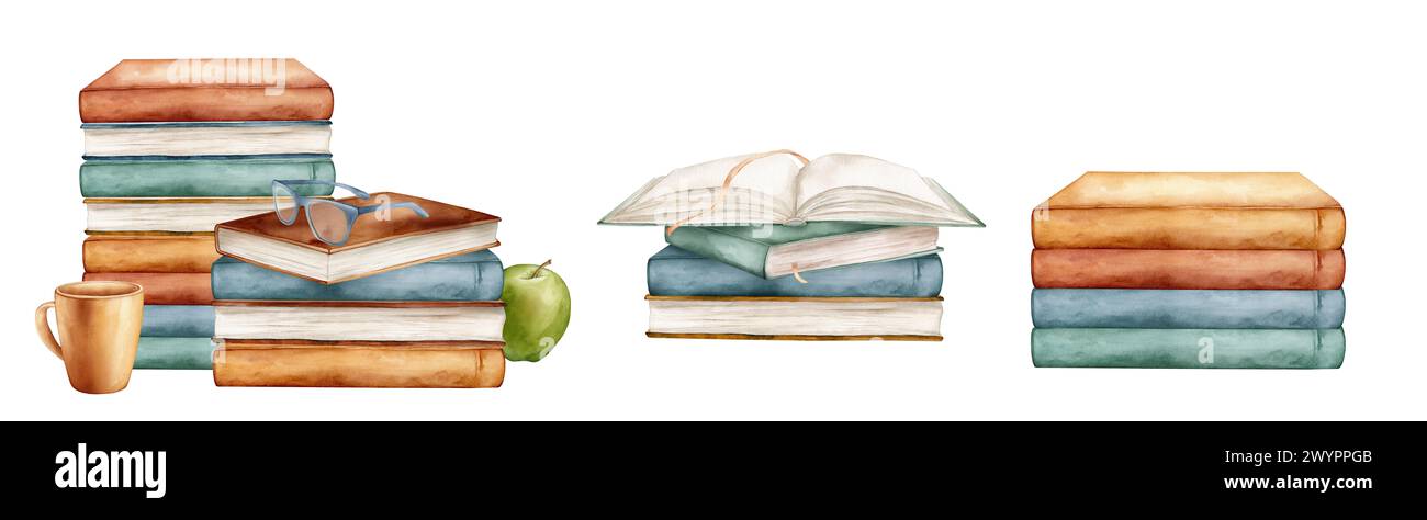 Satz Bücher und grüne Apfel Aquarell Illustration isoliert auf weißem Hintergrund. Öffnen und stapeln Bücher Clipart braun grün. Alt Stockfoto