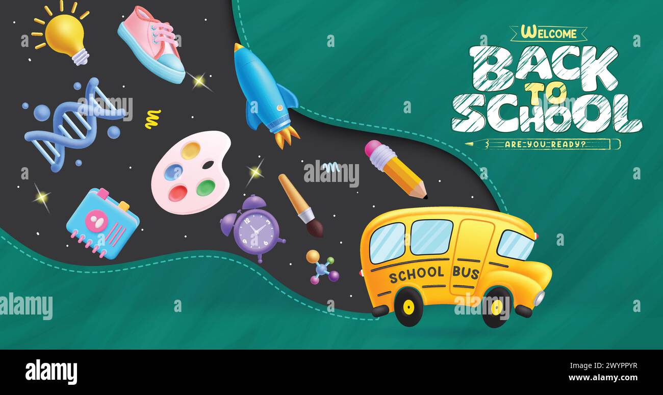 Back-to-School-Text-Vektor-Design. Schulbus mit pädagogischen Elementen, Artikeln, Materialien und Zubehör für E-Learning und Fernunterricht Stock Vektor