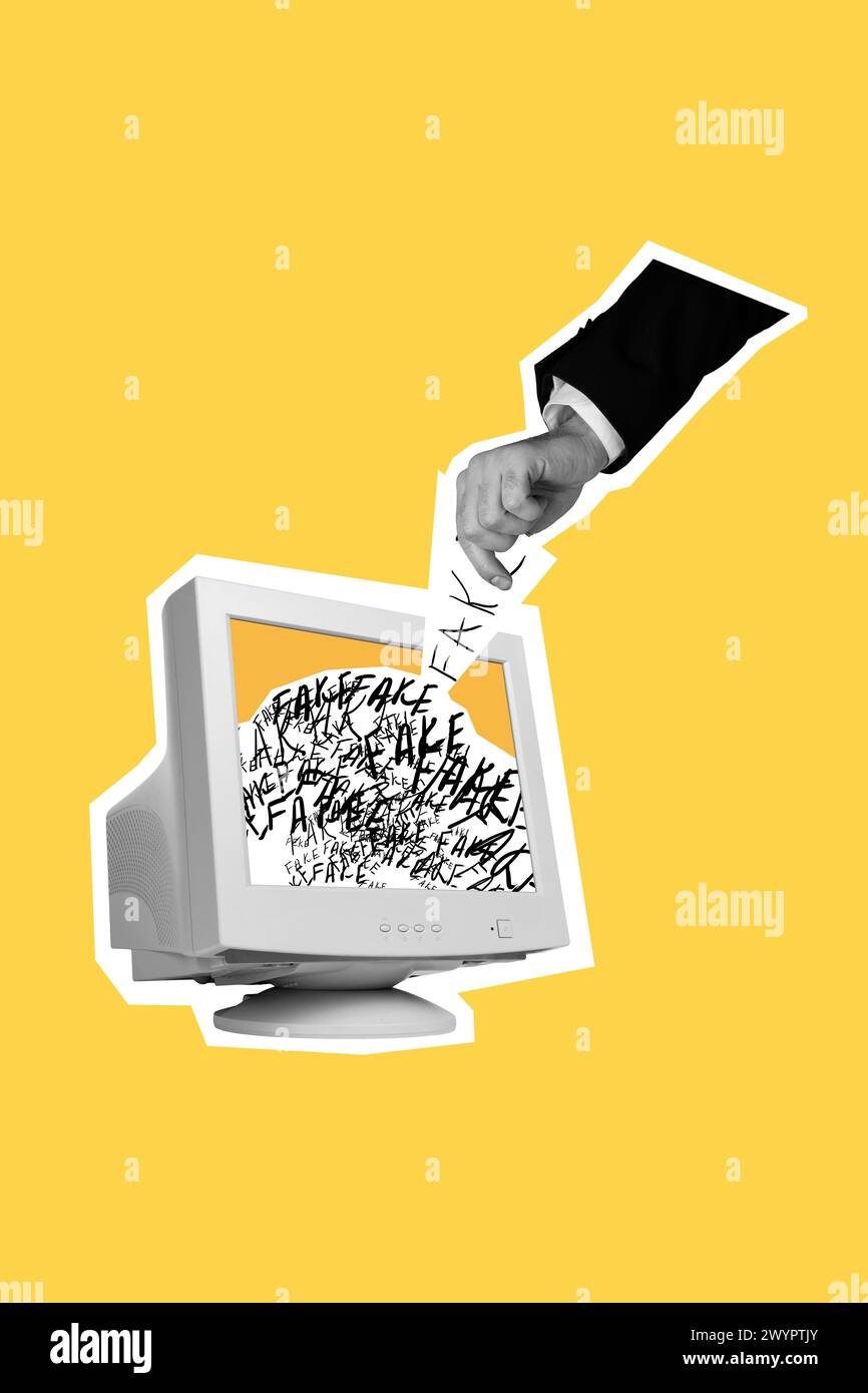 Vertikale Foto-Collage der Hand halten Inschrift gefälschte Informationen Lüge Betrug Bildschirm alter Computer Monitor Spam isoliert auf gemalten Hintergrund Stockfoto