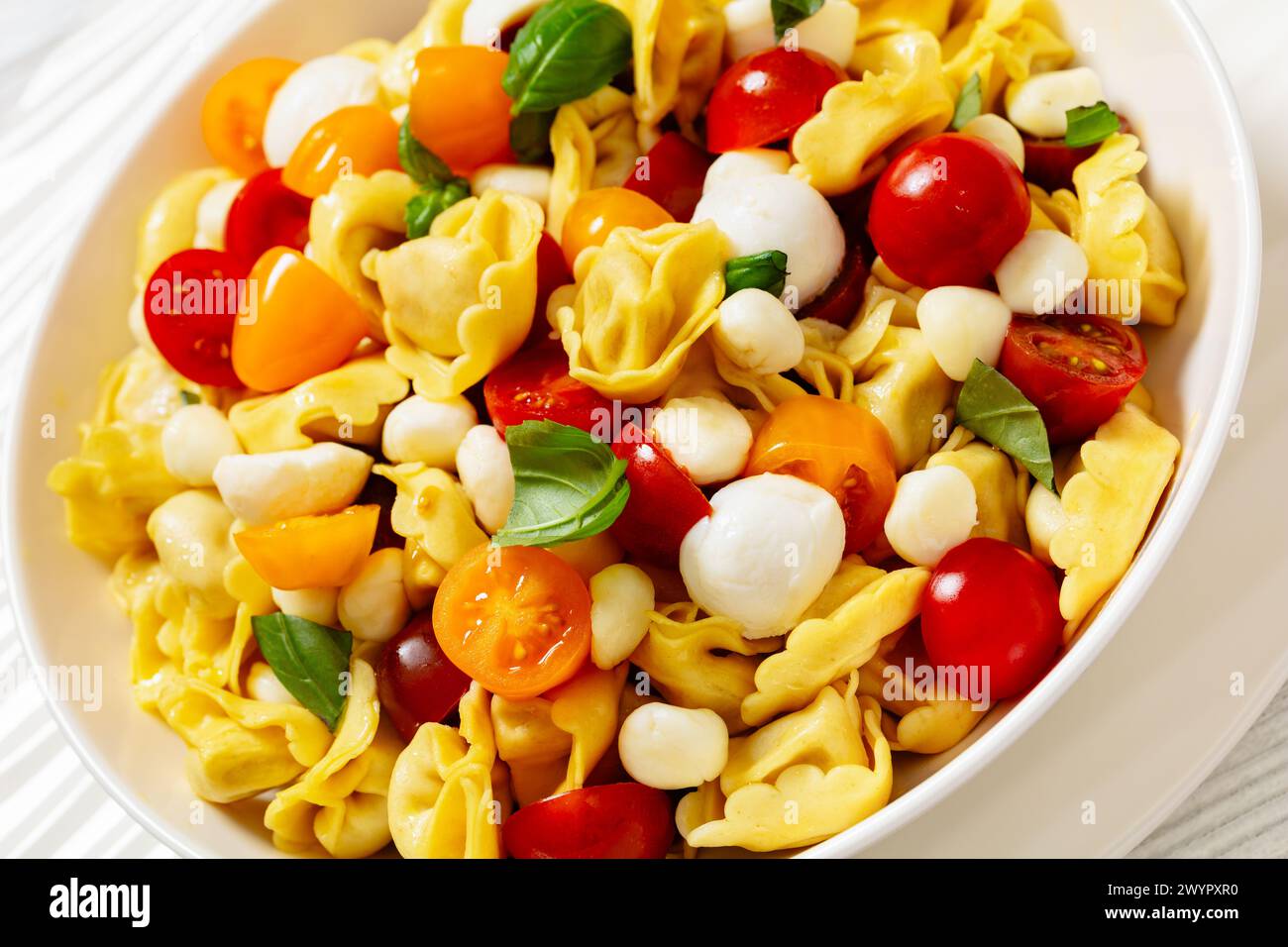 Nahaufnahme von Tortellini-Salat mit Kirschtomaten, Mini-Mozzarella, frischen Basilikumblättern in weißer Schüssel Stockfoto