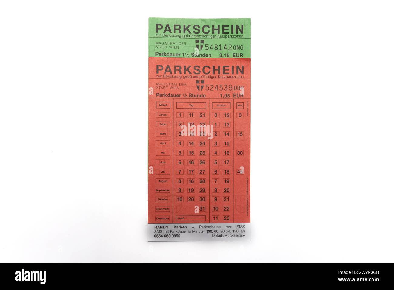 Im Voraus bezahlte Parkgutscheine, Parkgebühren, Parkgutschein Wien, kostenpflichtige Parkzone. (CTK Foto/Marketa Hofmanova) Stockfoto