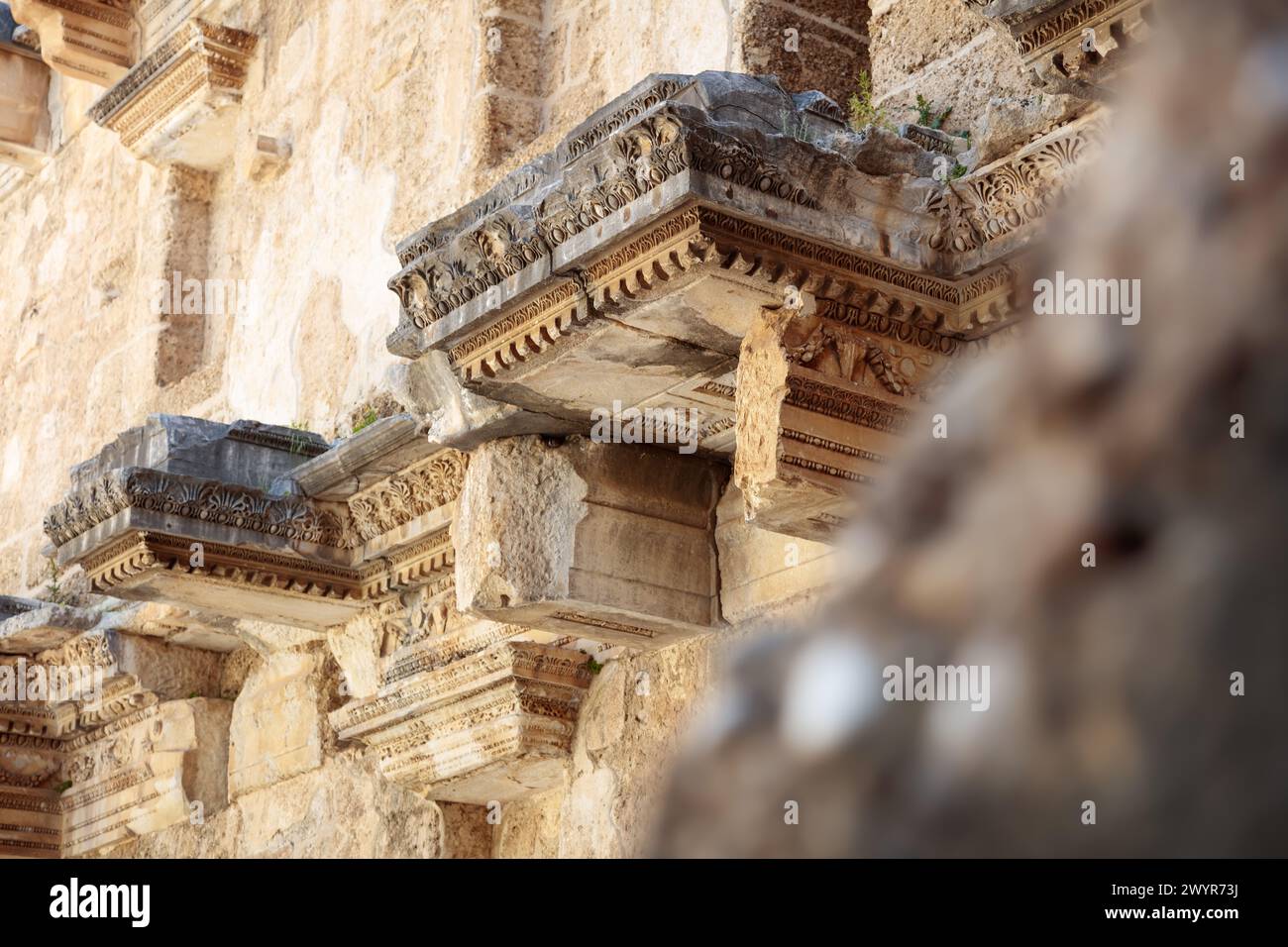 Aspendos, Truthahn, Balkone eines alten Amphitheathers Stockfoto