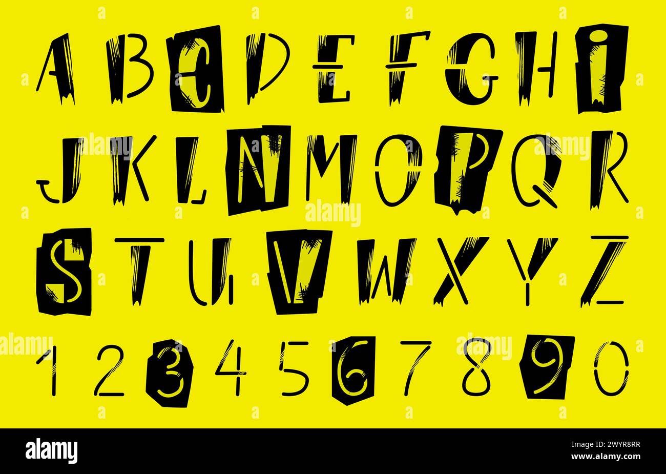 Punkrock-Alphabet. Typografie dekoratives Set im Grunge-Stil. Buchstaben und Zahlen für Banner, Flyer und Poster. ABC-neoterische Vektorclipart Stock Vektor