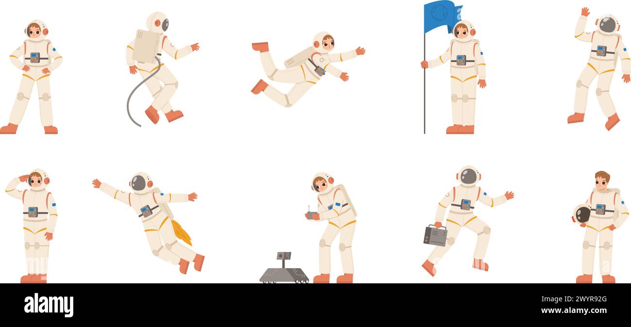 Cartoon-Astronauten. Kosmonauten tragen einen Raumanzug, halten die Flagge und arbeiten mit dem Roboter. Lustige Spaceman-Charaktere in Helmen, kuschelige Vektor-Set Stock Vektor