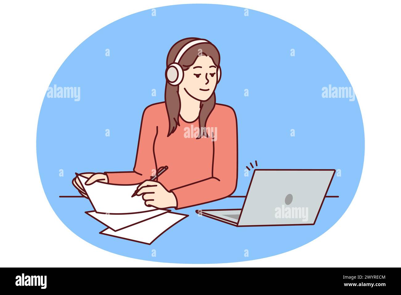 Frau mit Notebook sitzt am Tisch und sieht sich das Webinar an, um neue Fähigkeiten zu erwerben, und macht sich Notizen auf Papier. Aufmerksames Mädchen mit Kopfhörern, das ein Notebook verwendet, um an einer Universität oder Universität online zu lernen Stock Vektor