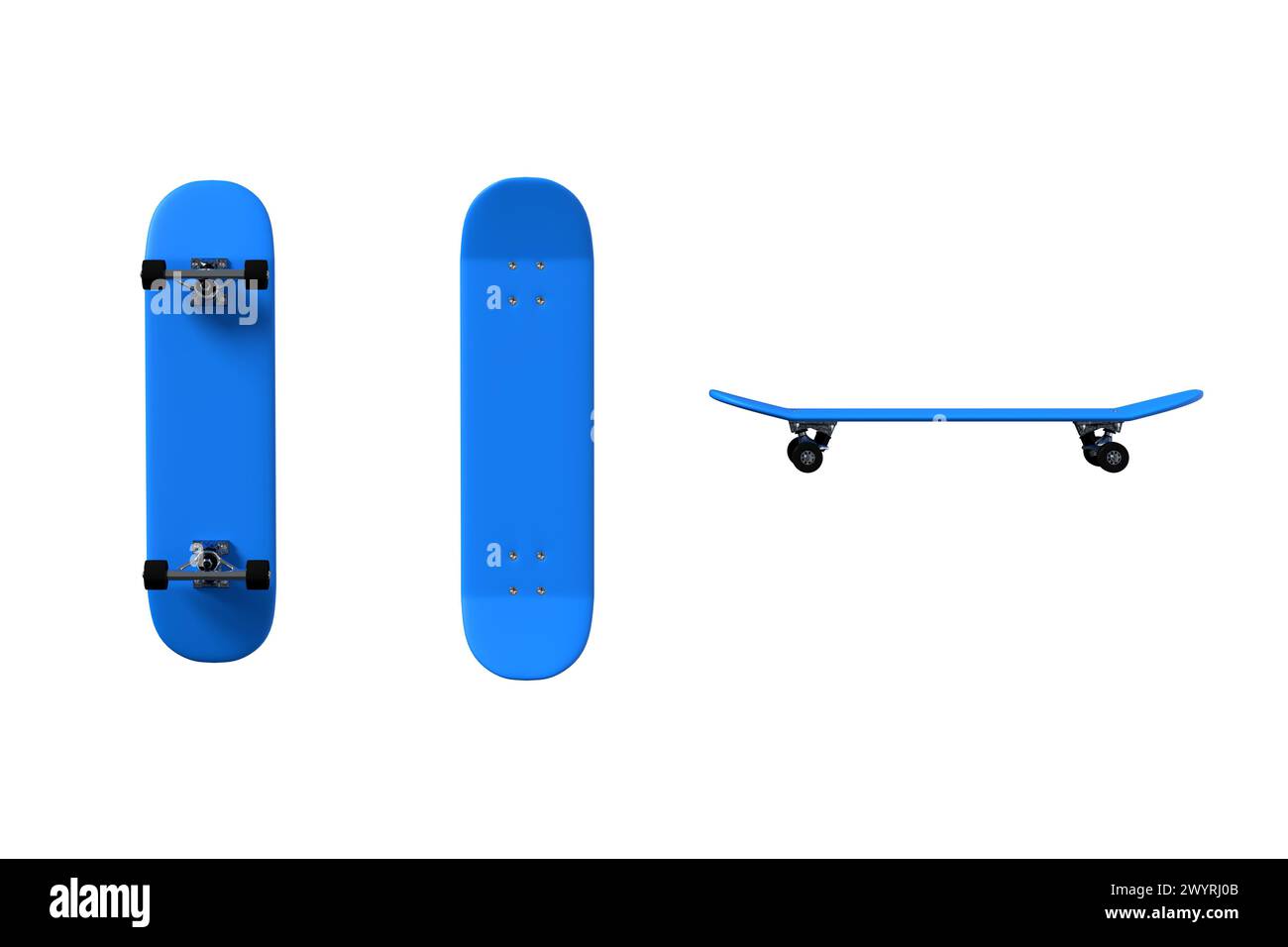 Blaues Skateboard isoliert auf weißem Hintergrund mit Ober-, Unterseiten- und Seitenansichten. 3D-Rendering. Stockfoto