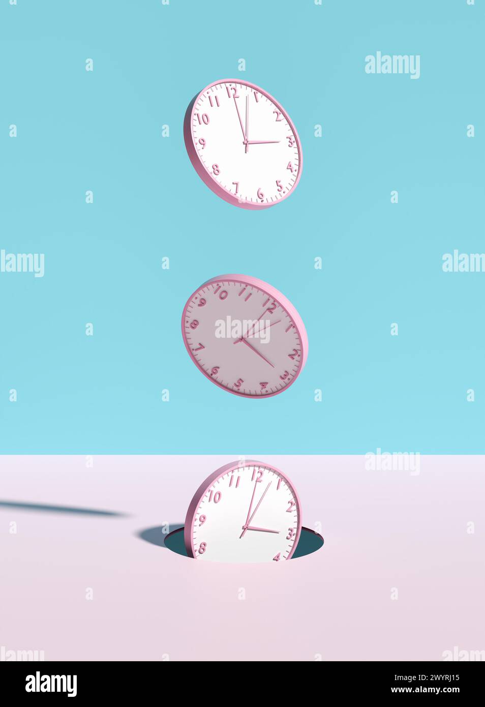 Wanduhren fallen durch ein Loch auf rosa und blauem Hintergrund. Die Zeit vergeht. Kreativität, Countdown und Zeitkonzept. 3D-Rendering. Stockfoto