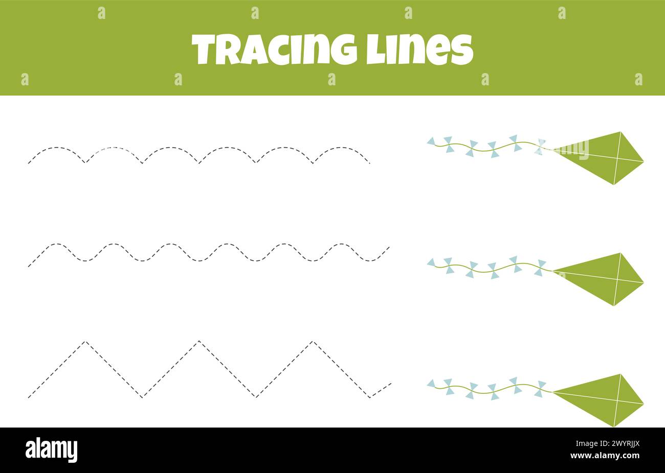Outline the Line to the Kite ist Ein Arbeitsblatt für die Verfolgung von Linien für Vorschulkinder im Alter von 4-6 Jahren Stock Vektor