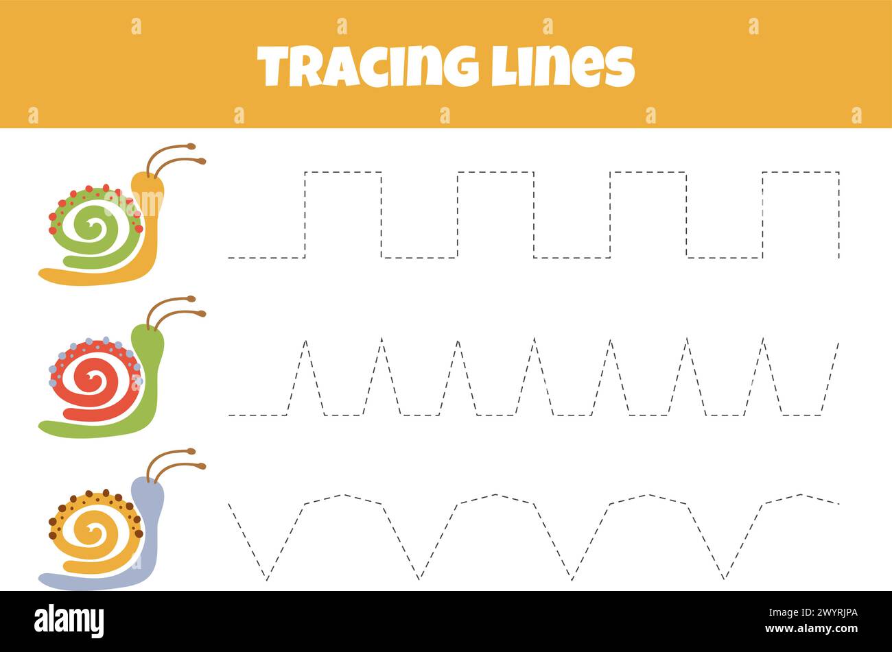 Outline the Line from the Snail ist Ein Arbeitsblatt für die Verfolgung von Linien für Vorschulkinder im Alter von 4-6 Jahren Stock Vektor