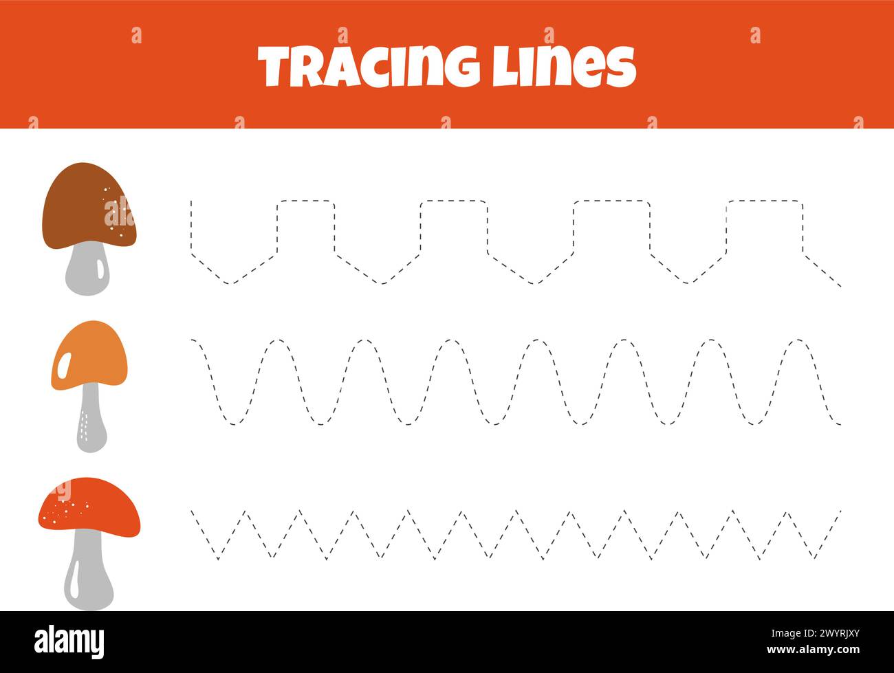 Skizzieren Sie Die Pilzlinie Auf Dem Arbeitsblatt Für Nachverfolgungslinien Für Vorschulkinder Im Alter Von 4-6 Jahren Stock Vektor