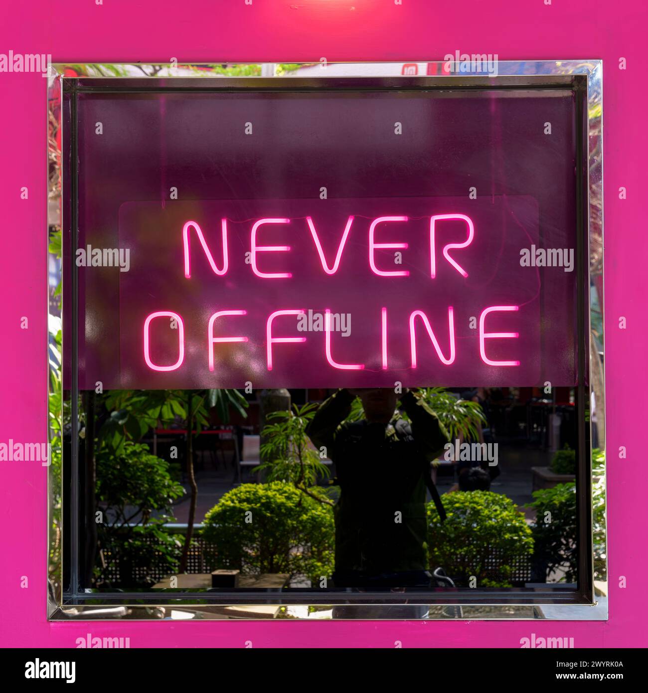 Pinkfarbenes Neonzeichen mit dem Text „nie offline“ Stockfoto