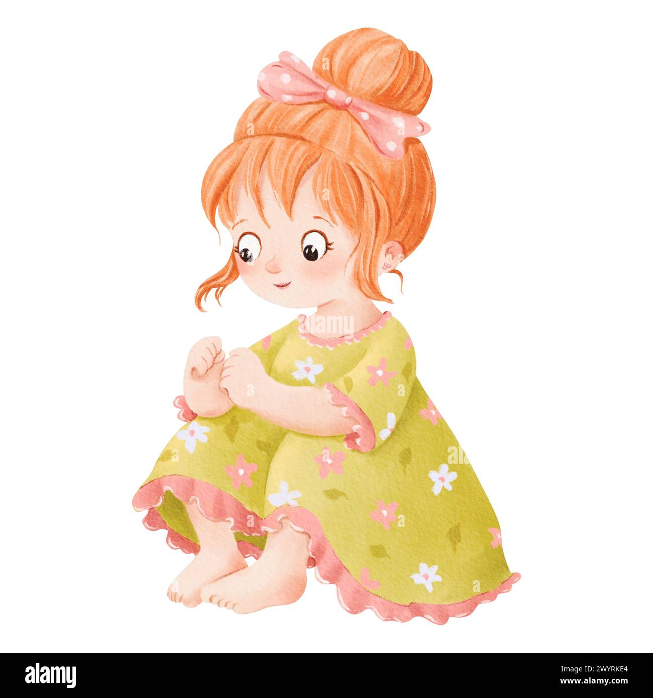 Eine Aquarellillustration für Kinder. Ein kleines rothaariges Mädchen sitzt. Sie trägt ein grünes Kleid mit einem Blumenmuster und einer rosa Schleife. Für Kinder Stockfoto