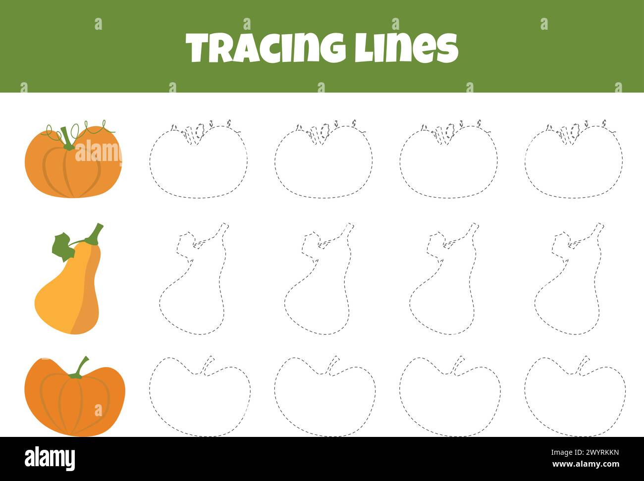 Skizzieren Sie Den Kürbis Und Die Birne Auf Dem Arbeitsblatt Für Nachverfolgungslinien Für Vorschulkinder Im Alter Von 4-6 Jahren Stock Vektor