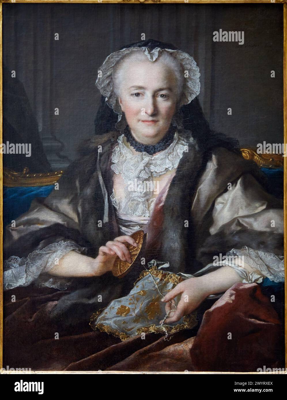 Madame Dangé Macht Knoten. Porträt von Anne Jarry, Ehefrau des Generalbauers Francois-Balthazar Dangé du Fay, 1753, Louis TOCQUE, Musée du Louvre, Stockfoto