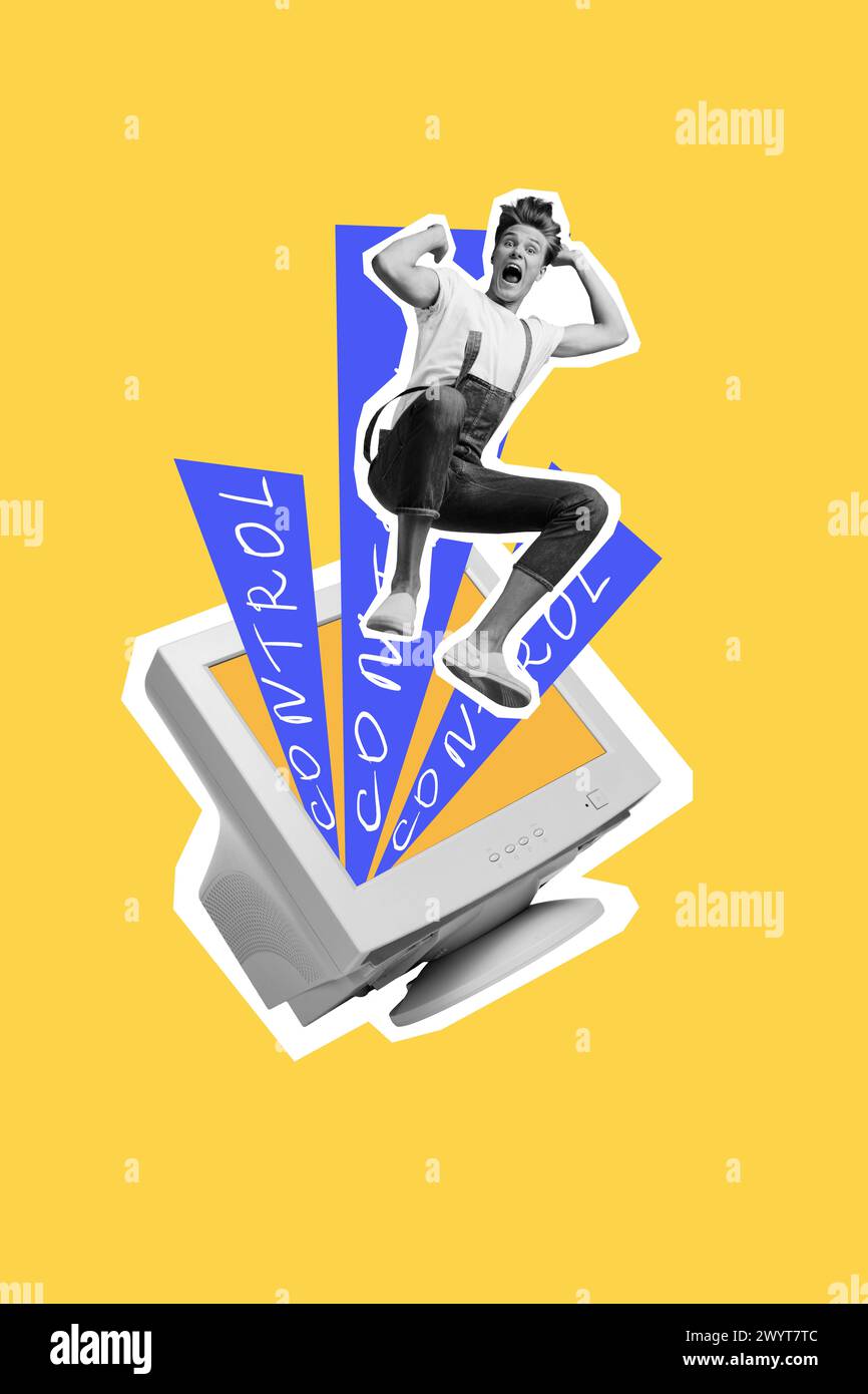 Vertikale Fotocollage des verängstigten Scream Guy Fall Computermonitor Suchtsteuerungstechnologie Problem isoliert auf gemaltem Hintergrund Stockfoto