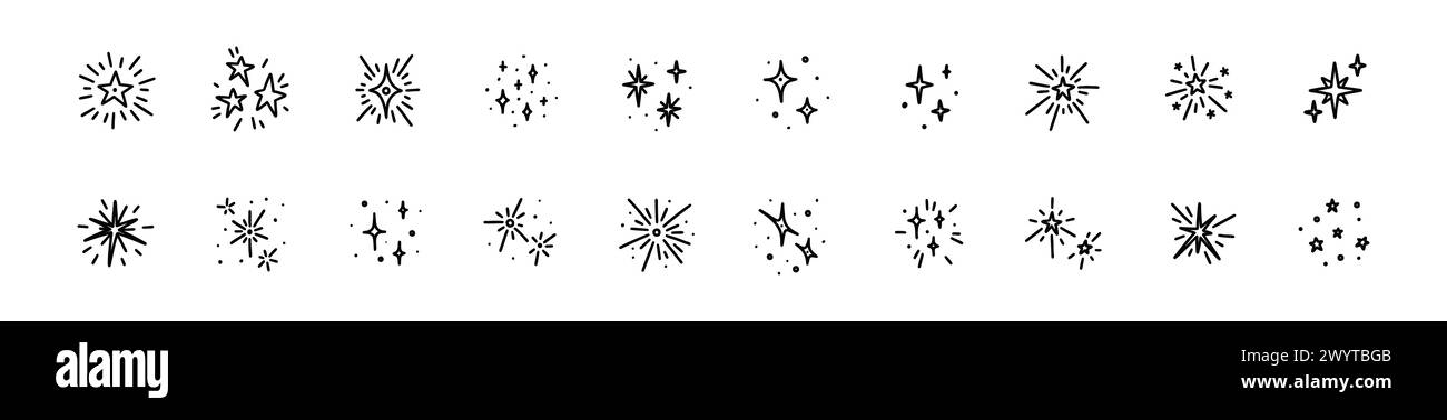 Doodle-Star-Symbol-Set. Funkelnde Glitzer-Vektorelemente. Frohe Weihnachten und frohe Neujahrsdekoration, Konfetti, Feuerwerk. Glänzendes Blinken, funkelnde Lichter Stock Vektor