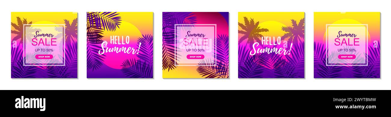 Set mit quadratischen Designs für den Sommer. Vektorillustration. Farbenfrohes tropisches Poster. Post-Vorlage für soziale Medien Stock Vektor