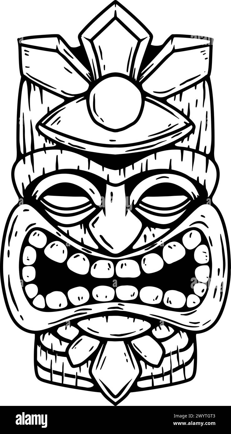 Tiki Tribal Holzmasken Set und Tiki Becher. Traditionelle hawaiianische Elemente. Farbige, hölzerne und schwarz-weiße Silhouette. Vektorabbildung Stock Vektor