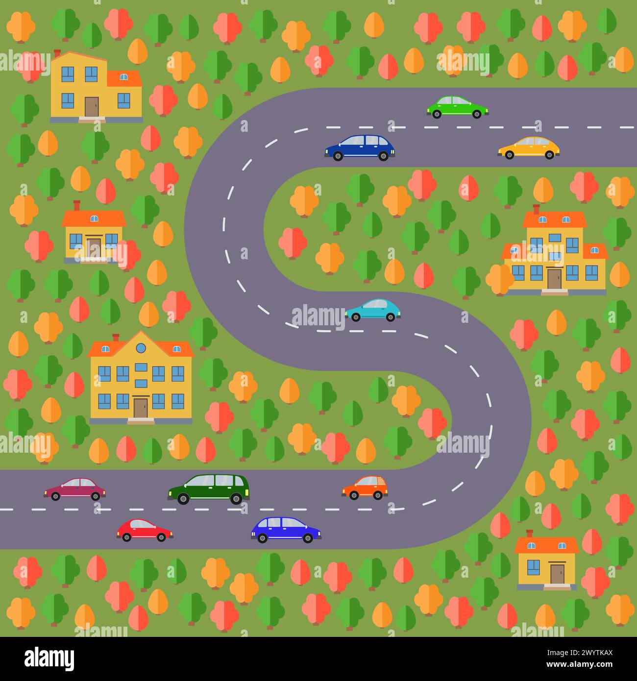 Plan des Dorfes. Landschaft mit Straße, Wald, Autos und Häusern. Vektorabbildung Stock Vektor
