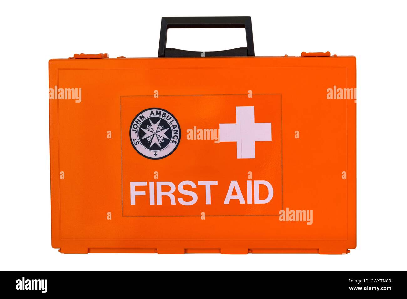St. John-Rettungswagen-Kasten für erste-Hilfe-Kasten isoliert auf weißem Hintergrund Stockfoto