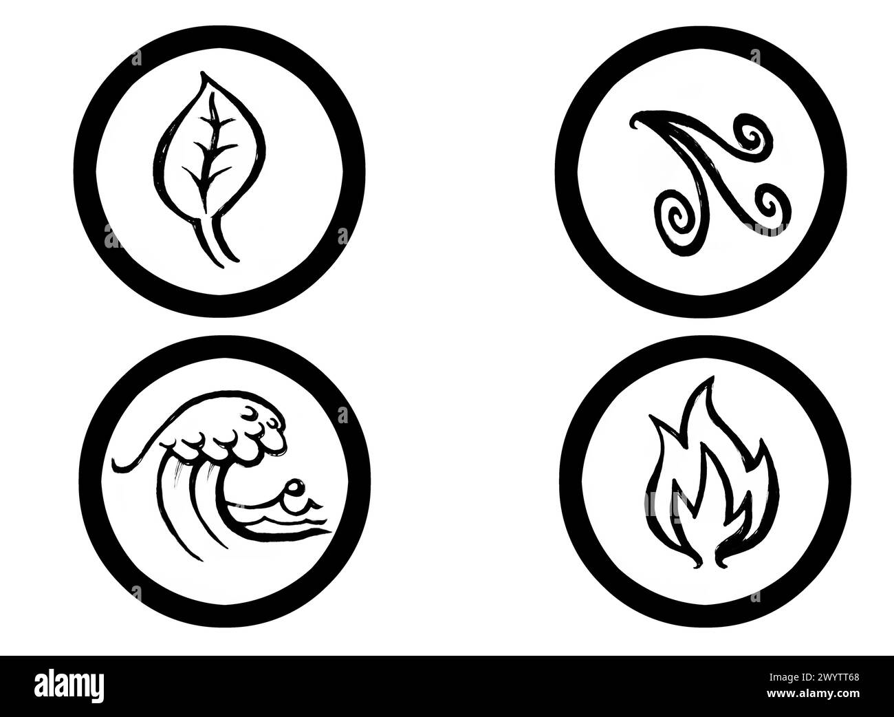 Die schwarze artline-Illustration der vier Elemente auf weißem Hintergrund Stockfoto