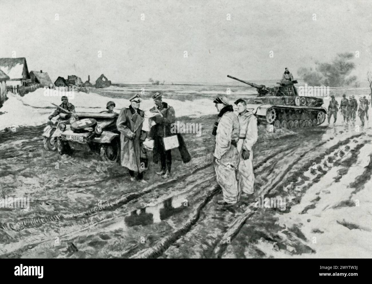 Waffen in Gebrauch,“ von Eduard Thony, um 1943, nimmt eine Gruppe deutscher Soldaten in einer Winterlandschaft gefangen, die militärisch tätig sind. Dieses Kunstwerk, das vor dem Hintergrund des Zweiten Weltkriegs steht, hebt die Widerstandsfähigkeit und Zusammenarbeit der Soldaten unter harten Bedingungen hervor. Diese Kunst diente während dieser Zeit als Nazi-Propaganda, da sie die Idealisierung der Tapferkeit und Entschlossenheit des Regimes verkörperte. Stockfoto