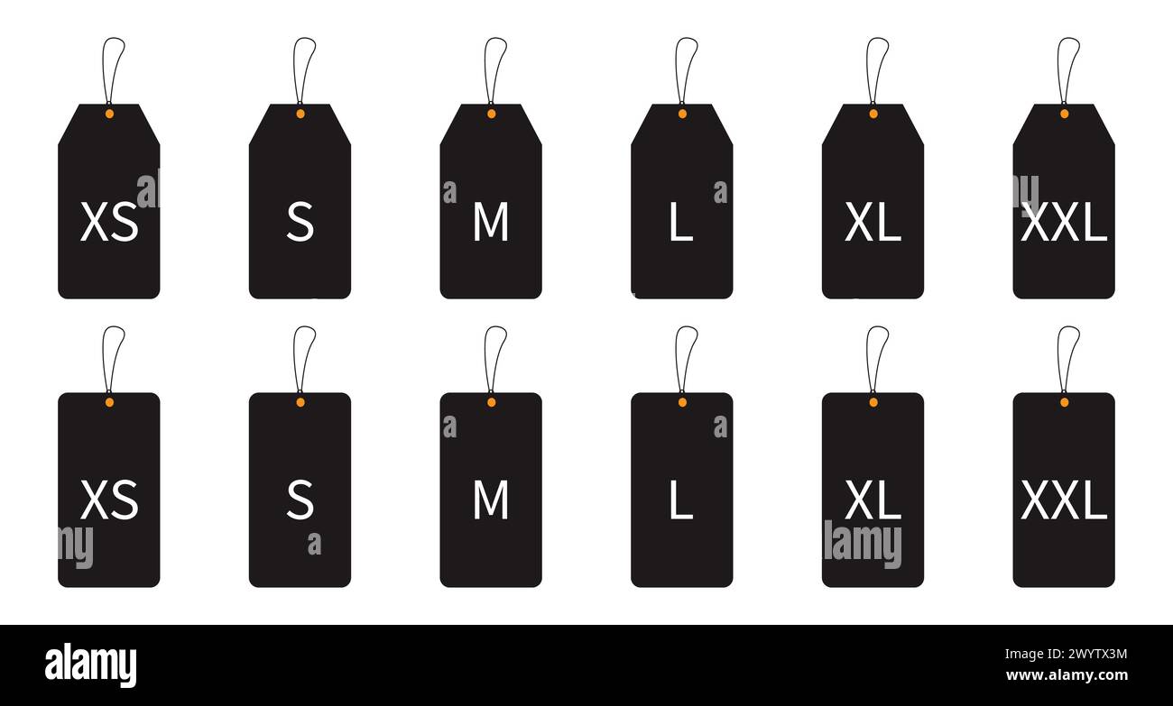 Zeichen für Kleidergrößen XS S M L XL XXL. Vektor des Beschriftungssymbols. Stock Vektor